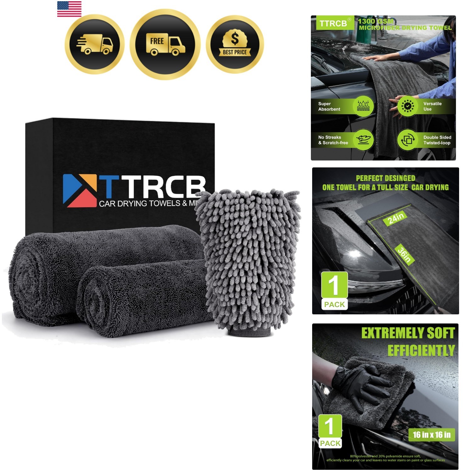 2 Pack Car Drying Towel, 1300 GSM Microfiber Towels for Cars 36″ x 24″ & 16″ …