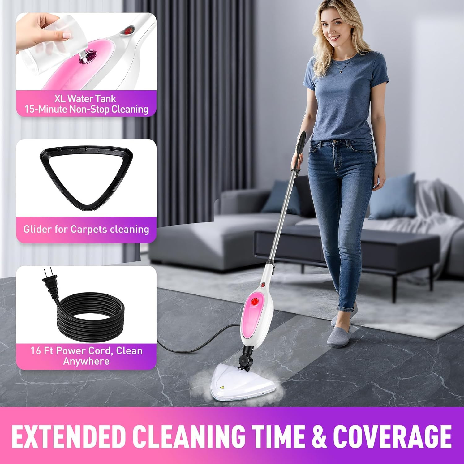 🏠2-in-1 Steam Mop Detachable Handheld 20S Fast Heat 16FT 10-in-1 Deep Clean