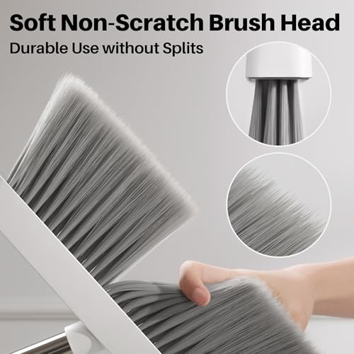 White Broom and Dustpan Set, Upright Angle Design with Built-in 1 White & Grey
