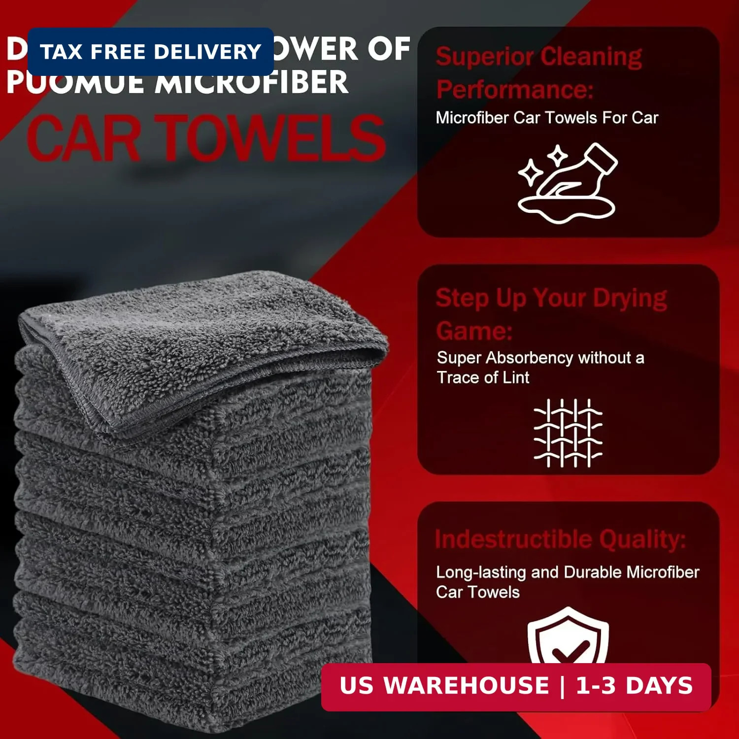 Puomue 12 Pack Microfiber Cleaning Cloth for Cars, 12″ X 12″ Car Microfiber Towe