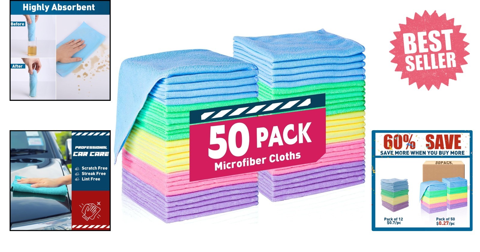 Ultra-Soft 50 Pack Microfiber Towels – 12×12, Reusable, Perfect for Home & Cars
