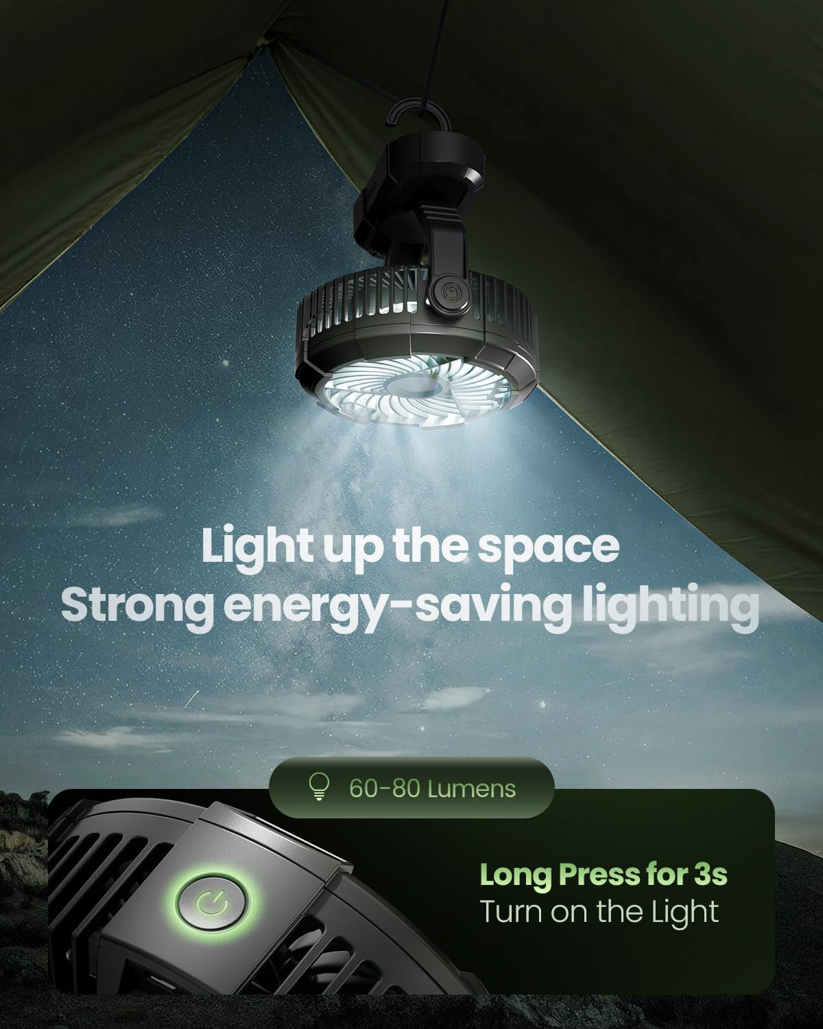 Portable Camping Fan with LED Lantern 3-Speed Rechargeable 360° Rotating USB