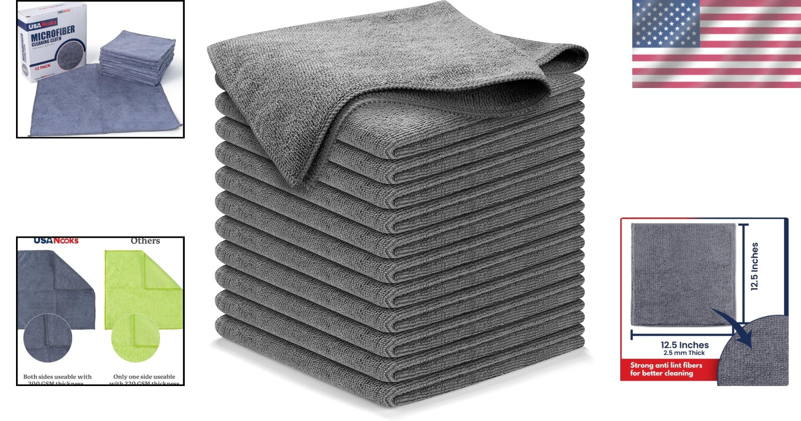 Microfiber Cleaning Cloth Grey – 12 Pcs 12.5″x12.5″ – High Performance – 1200…