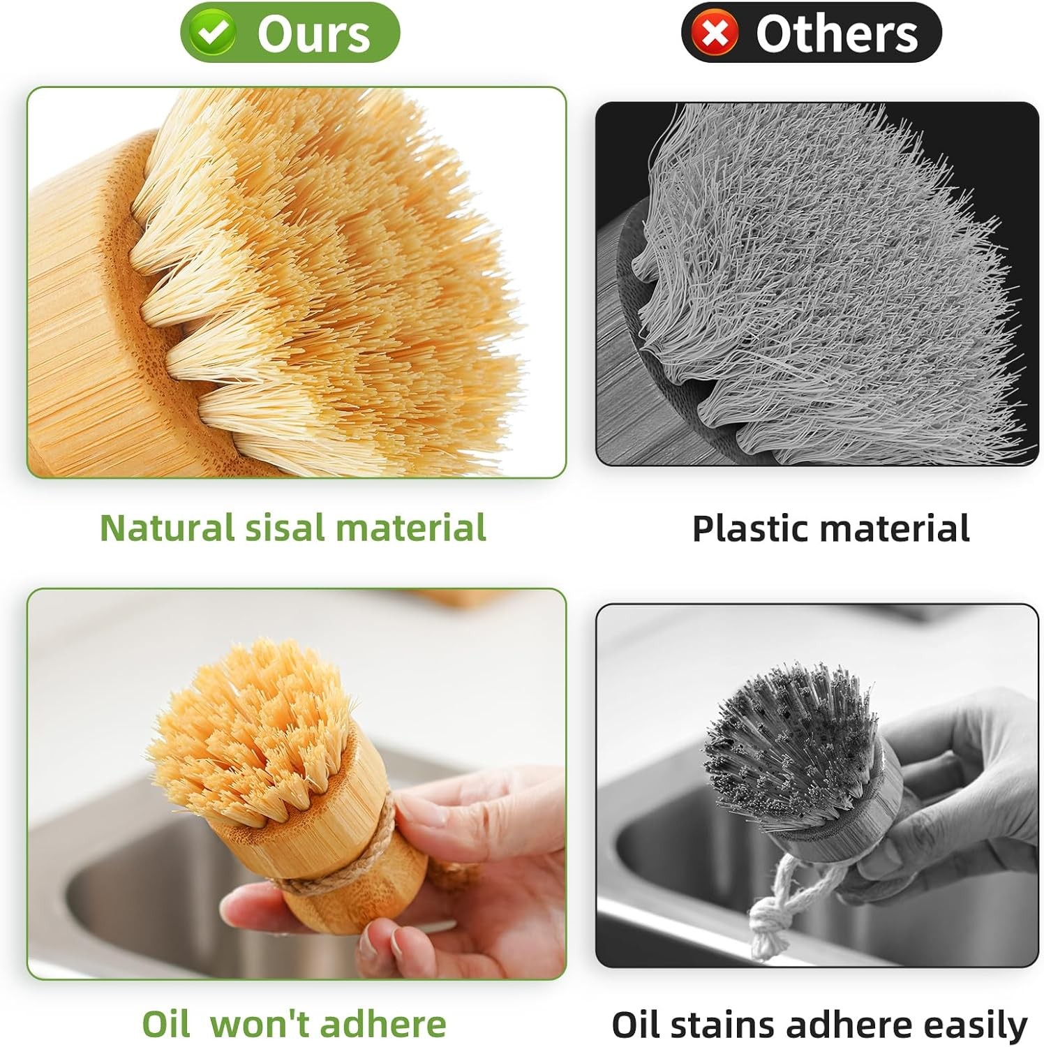 Kitchen Bamboo Cleaning Scrubbers Set of 3 Natural Sisal Bristles for Pot Pan