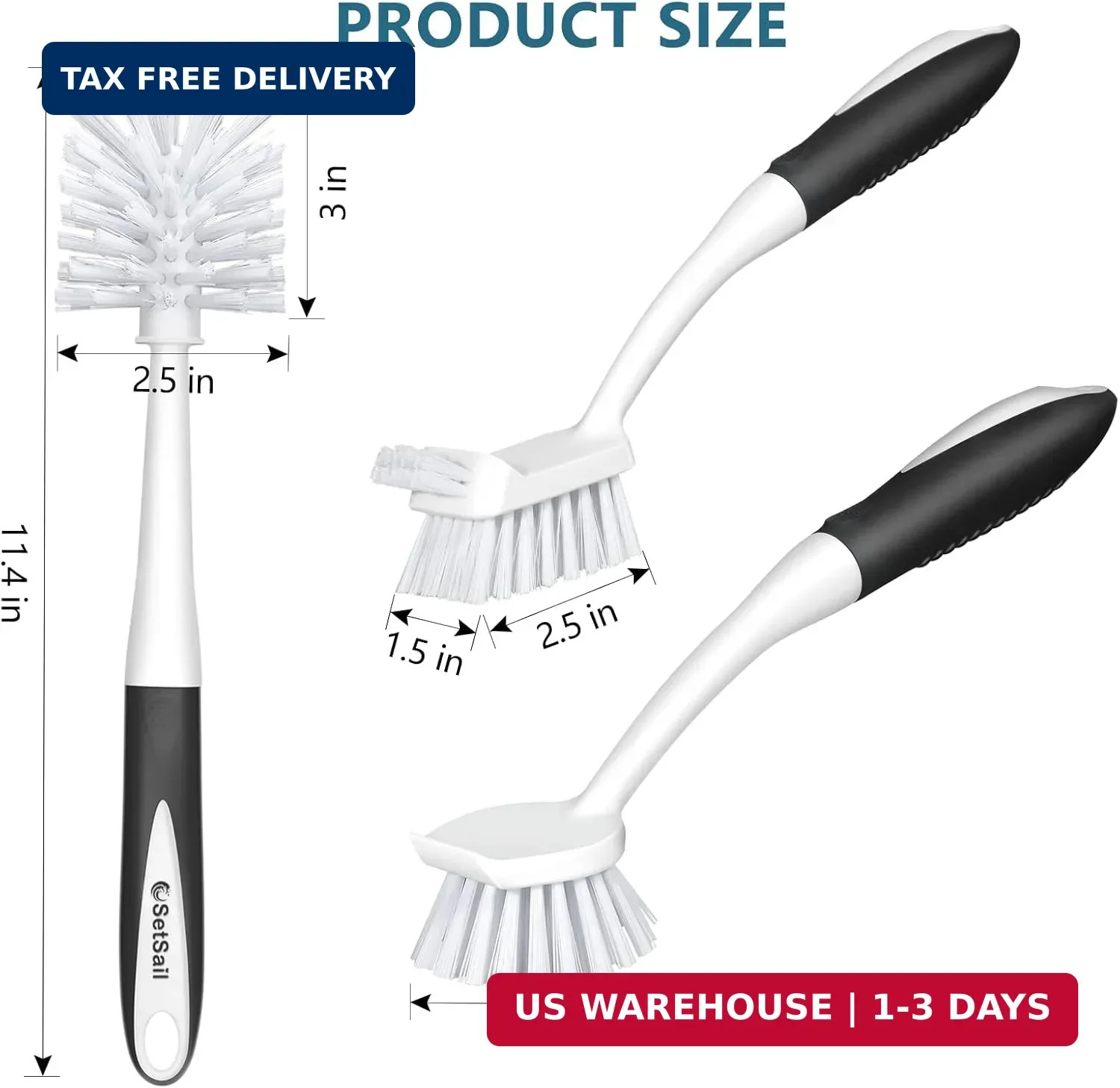 SetSail Dish Brush Set of 3 with Bottle Brush, Dish Scrub Brush with Long Handle