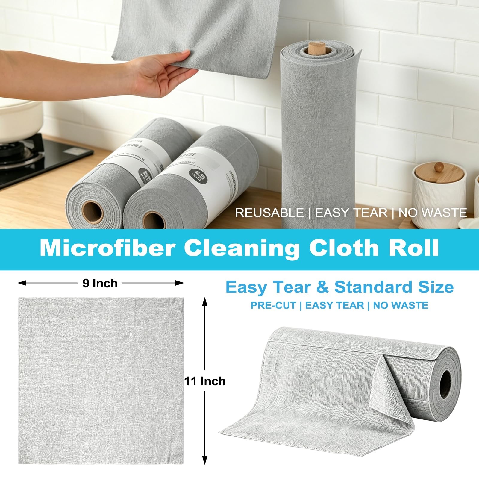 Puomue 55 Pack Microfiber Cleaning Cloth Roll, Tear Away 9”X11”-55PK, Grey
