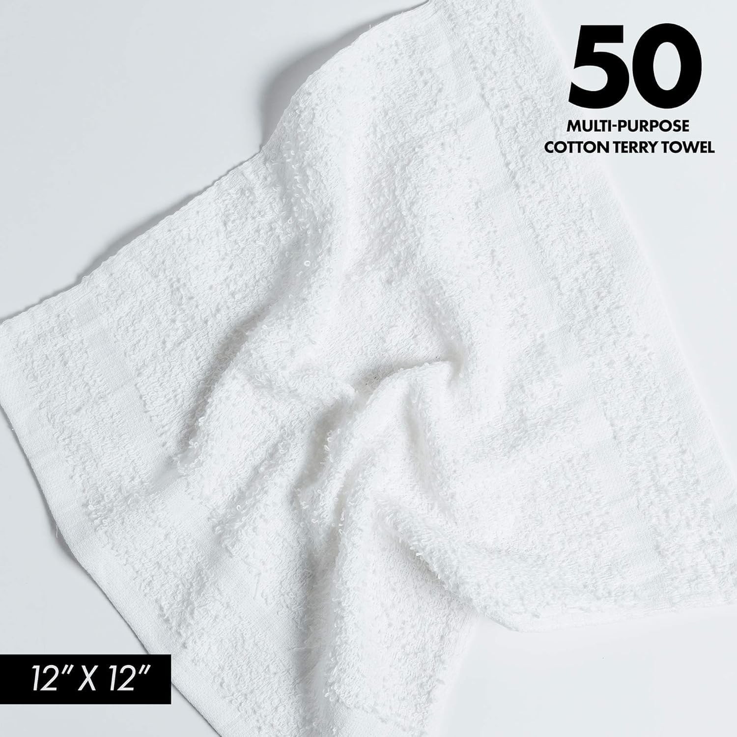 100% Cotton Terry Towels Cleaning Cloths Pack of 50 (12×12 Inches) White Cotton
