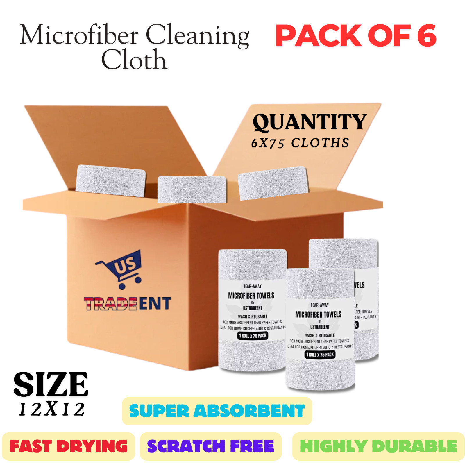 USTRADEENT Pack Of 6 Microfiber Cleaning Cloth Roll 12×12 Inches -75 Pack