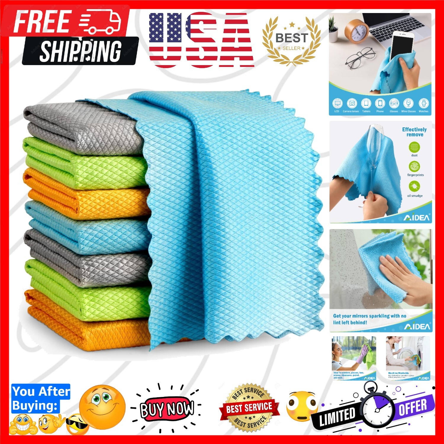 12″x12″ Microfiber Glass Cleaning Cloths – Absorbent, Machine Washable, 8PK