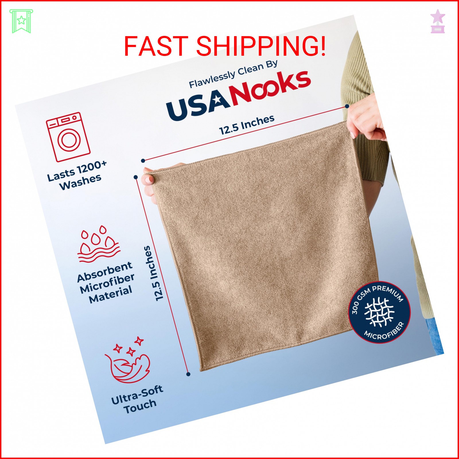 USANOOKS Microfiber Cleaning Cloth – Beige – 12Pcs (12.5×12.5 inch) High Perform