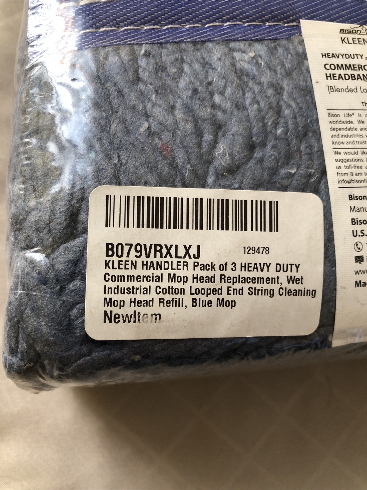3 Kleen Handler Commercial Mop Head Refills – 6” Universal Headband Cotton Blend