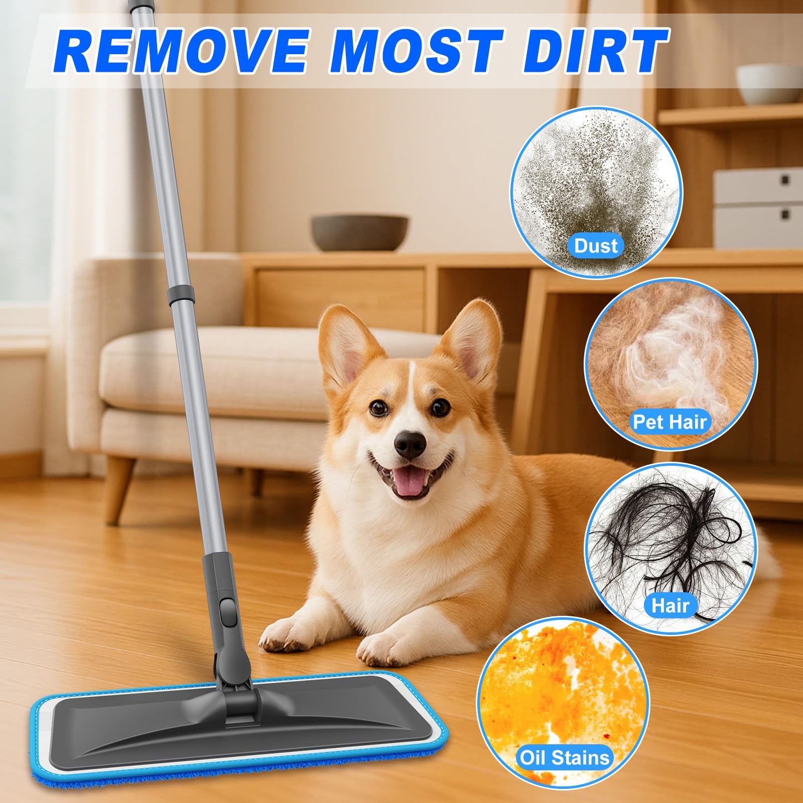 Microfiber Flat Floor Mop For Hardwood Laminate Wood Tile Vinyl With 4 Pads 59″