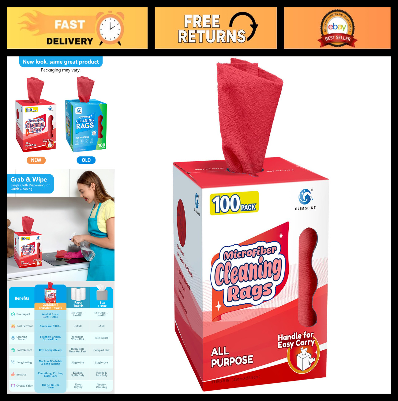100 Pack Red Microfiber Cleaning Cloths – Lint-Free, Ultra Absorbent Rags for Ho