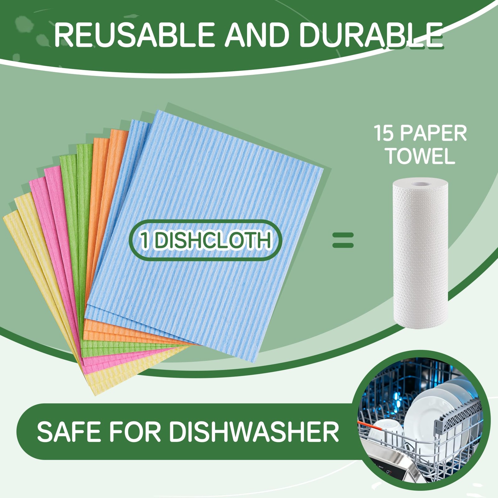 Swedish Dishcloths for Kitchen 10 Pack, Cellulose Sponge Cloths of Reusable D