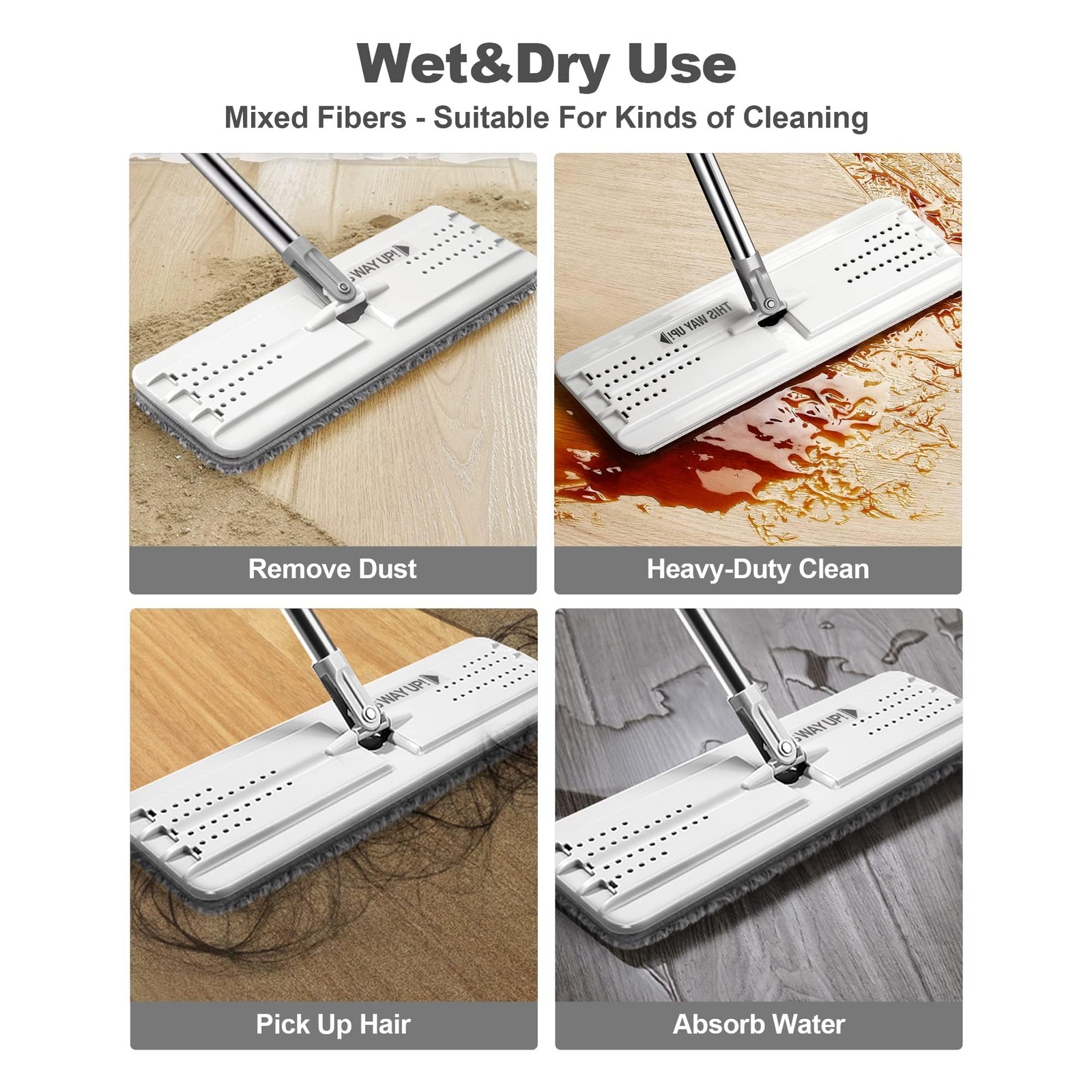 White Flat Mop Microfiber Floor Wall Cleaner 60 Inch Handle 15 Inch Head