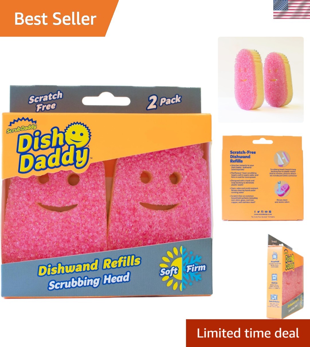 Dish Wand Scrubbing Brush Replacement Heads Pink 2 Pack Soap Dispensing Sponge