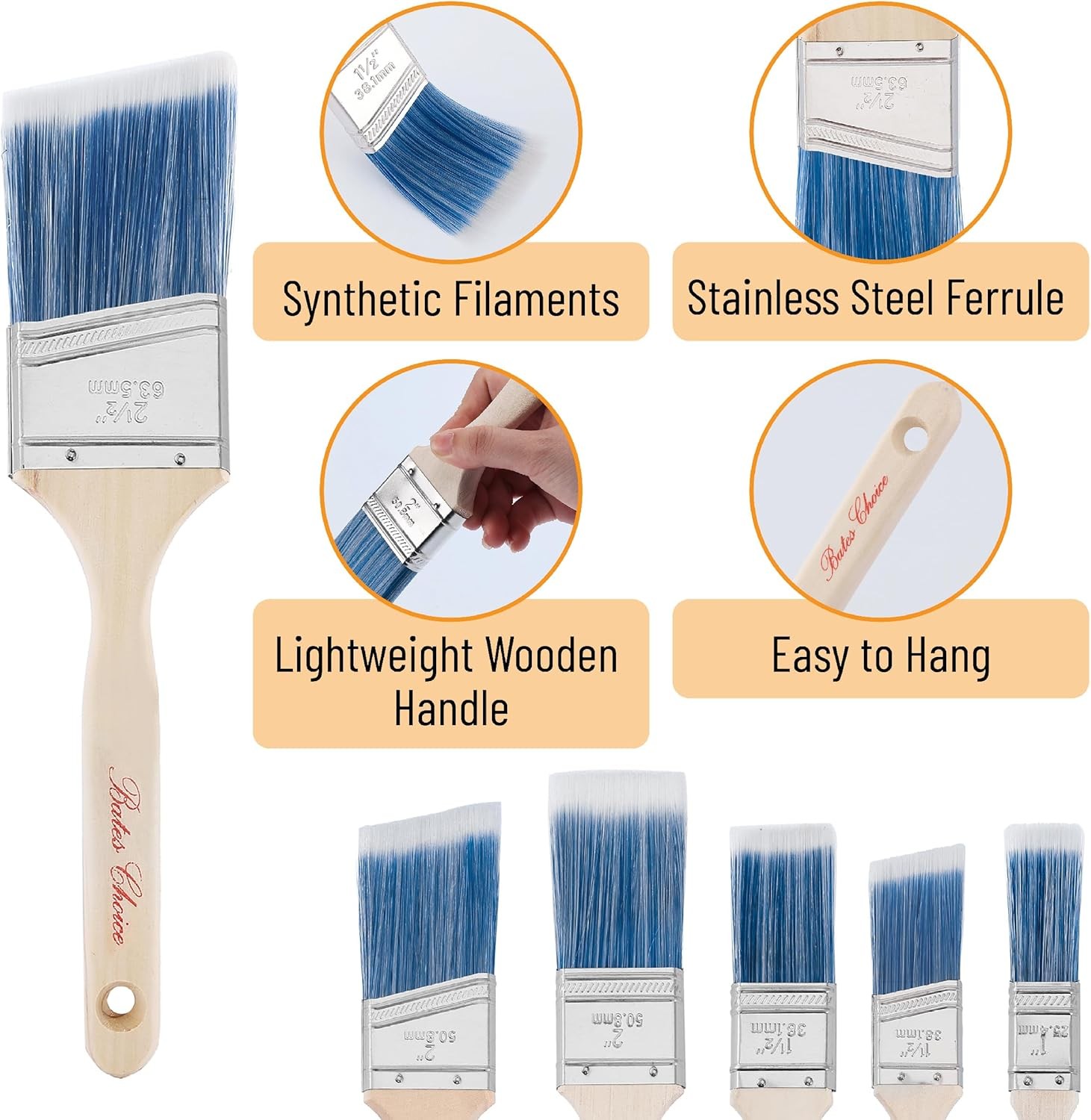Bates Paint Brush Set – 5 Angled Brushes, 1″, “1.5”, “2”, “2.5” – Treated Wood