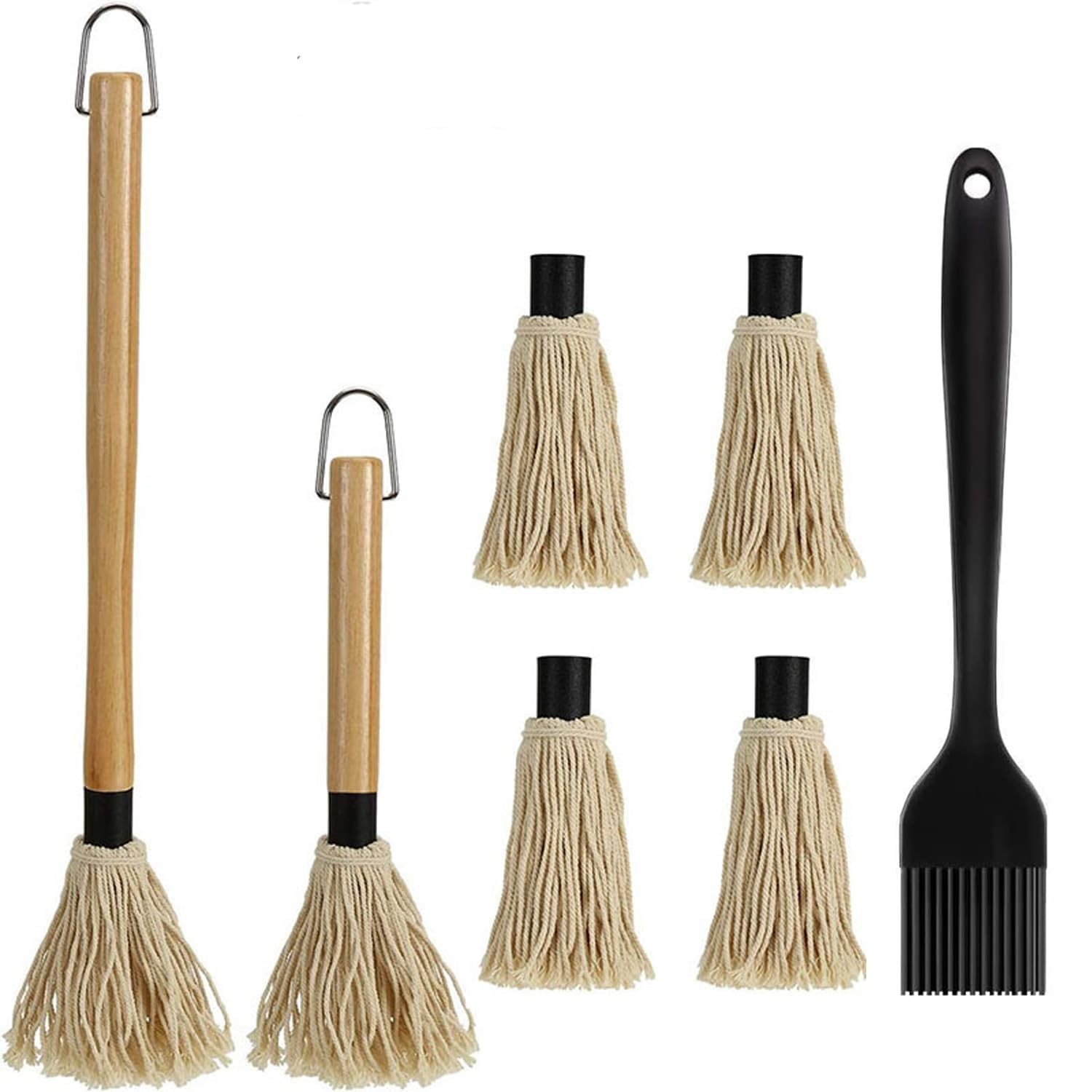 Basting Mops Brush Set for BBQ Grilling 15.5″, 2 Handles+6 heads+1 brush