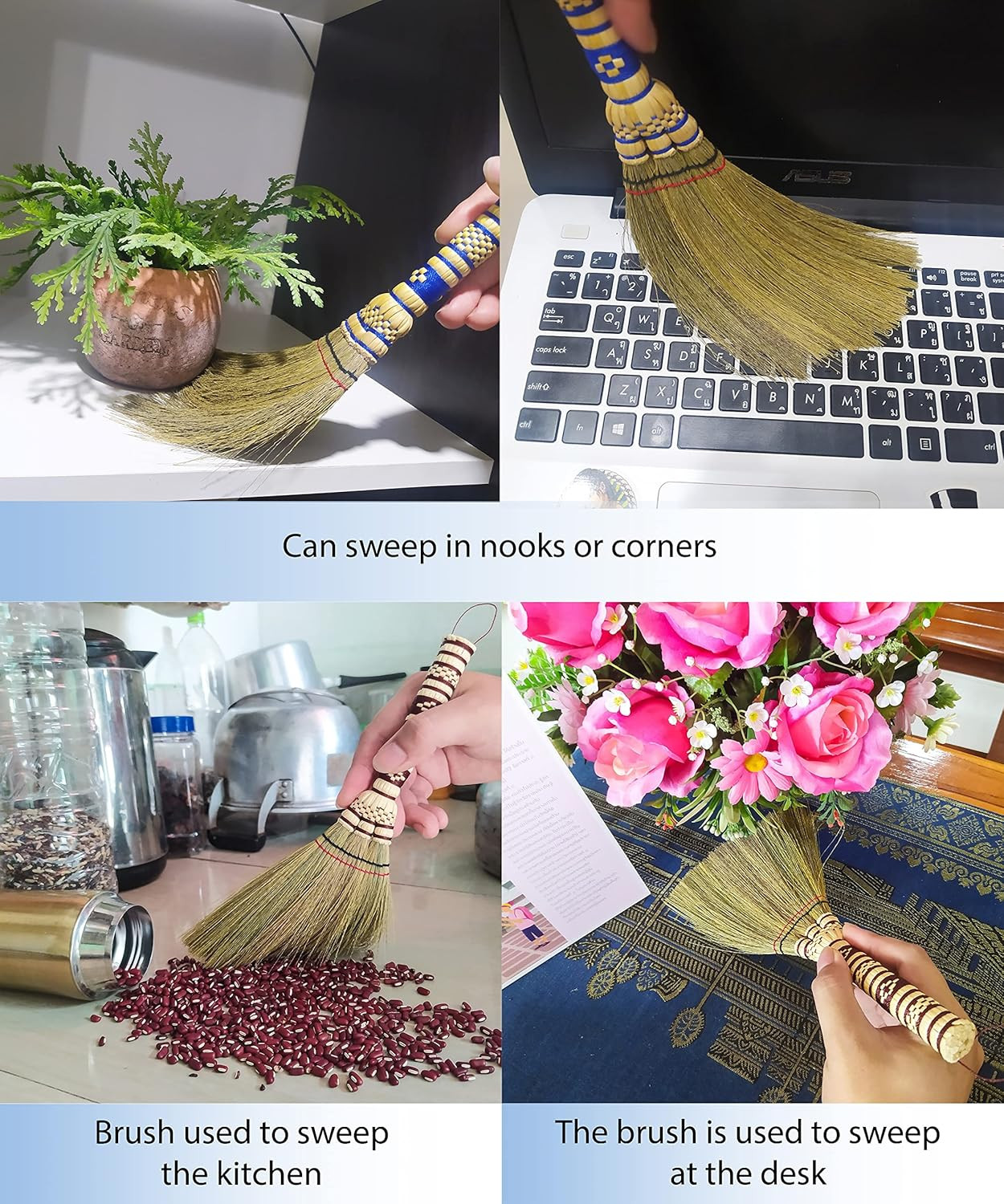 Small Corn Wisk Brush Broom 11 Inch Blue, Red Flagged Indoor Heavy Duty Multi Su