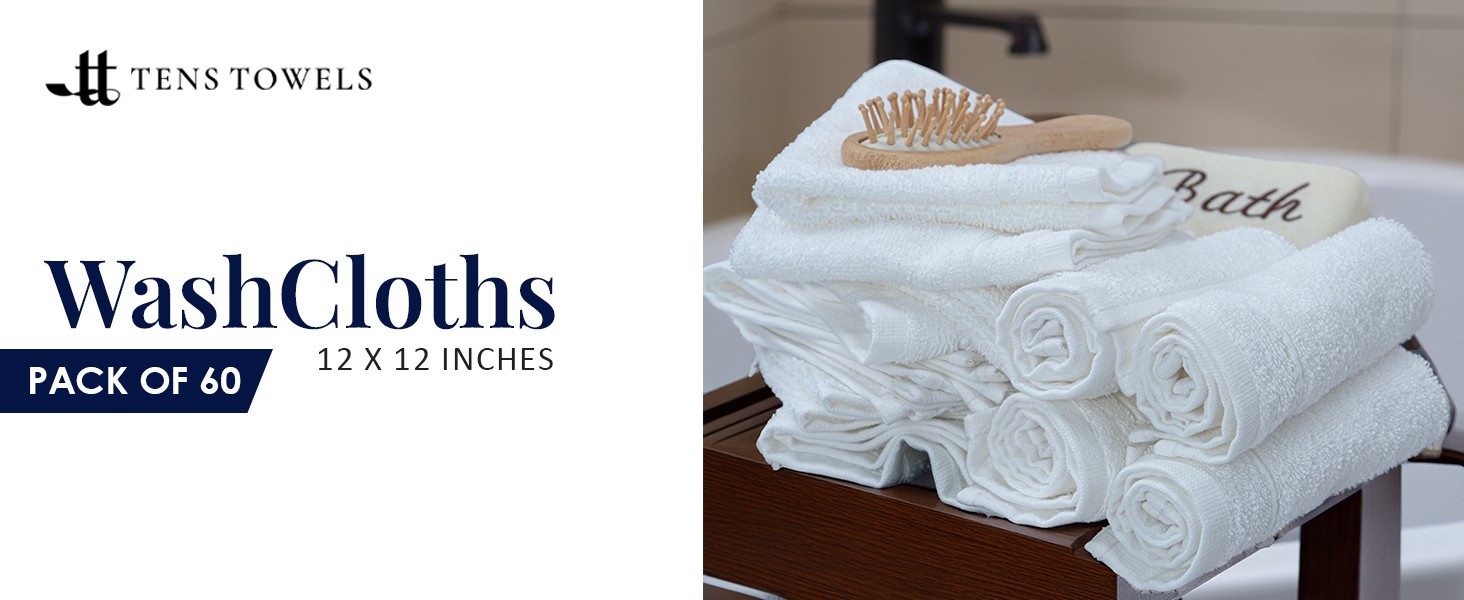 Pack of 60 Washcloths, 12 x 12 Inches, Lighter Weight, Quick to Dry, Super Soft