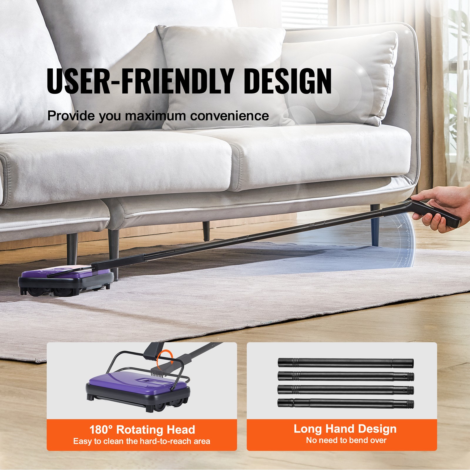 Uimoso Carpet Floor Sweeper Manual 6.7 inch Width Sweeping Paths Non Electric