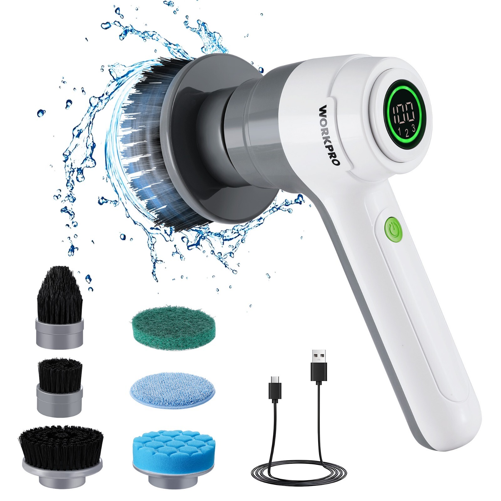 WORKPRO 8V Electric Spin Scrubber, 3-Speed Adjustable Shower Scrubber