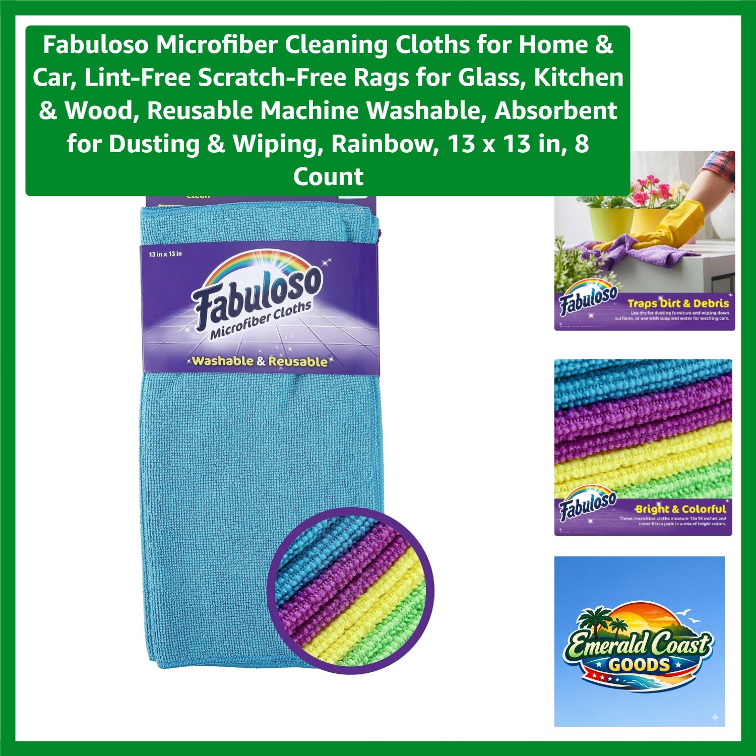 8-Pack Microfiber Cleaning Cloths – Lint-Free, Scratch-Free, 13×13 in, Rainbow
