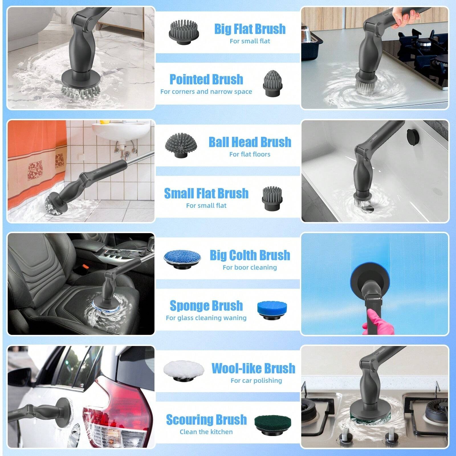 Electric Spin Scrubber Cordless Power Cleaning Brush with 8 Replaceable Heads