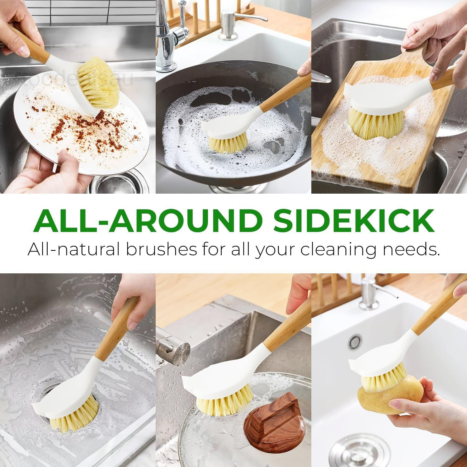 Wooden Dish Brush Set of 2 – with Handle Pack 2, White