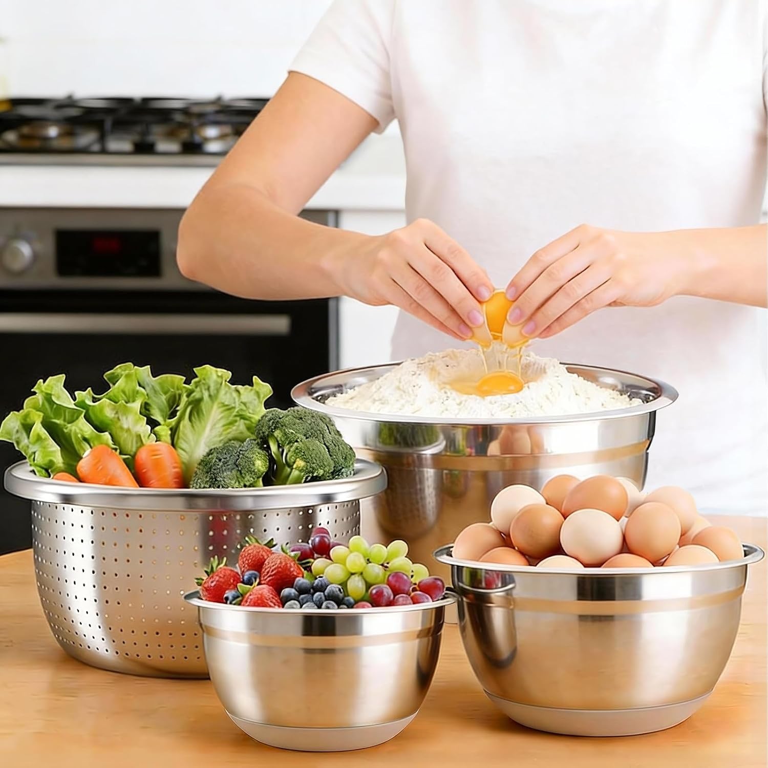 Stainless Steel 4 Bowl Set with Lids Silicone Bases Plus Grater Egg Separator