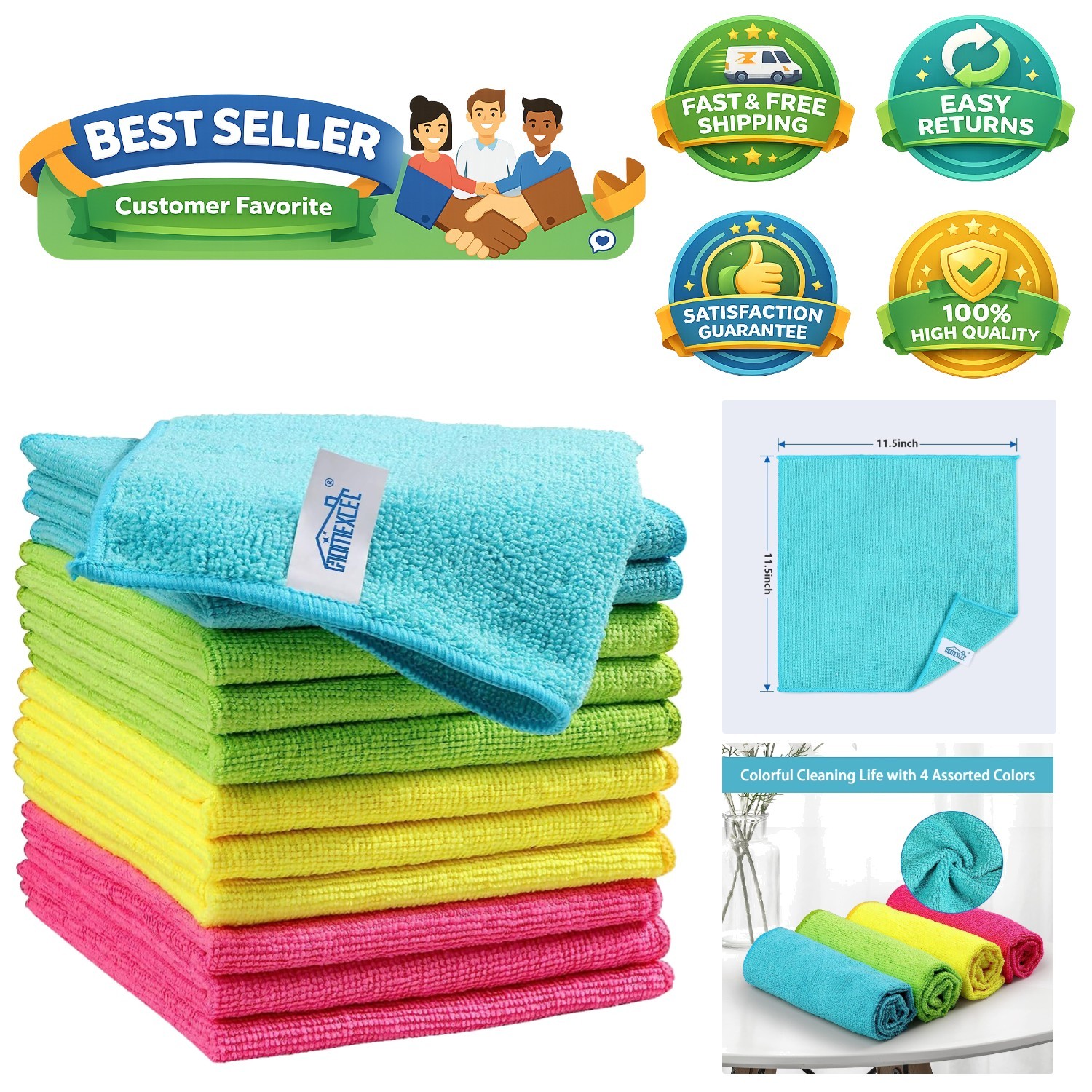 12-Pack Multi-Color Microfiber Cleaning Cloths – Soft, Durable & Eco-Friendly