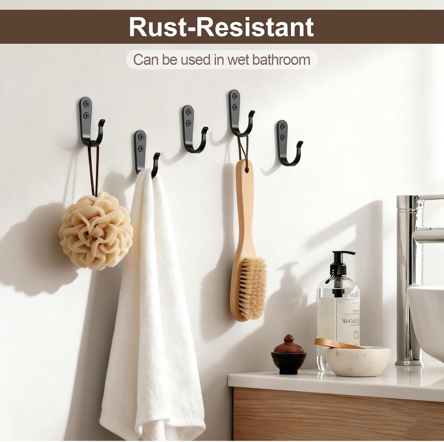 20-Pack Towel Hooks for Bathroom, Heavy Duty Black Metal Wall Hooks for Robe,
