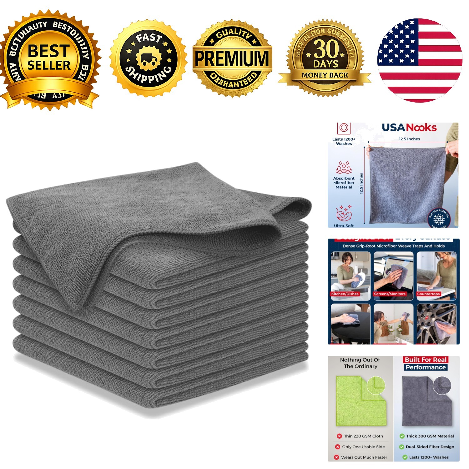 Microfiber Cleaning Cloths Grey 8 Pack 12.5×12.5in Car Wash Towels 1200 Washes