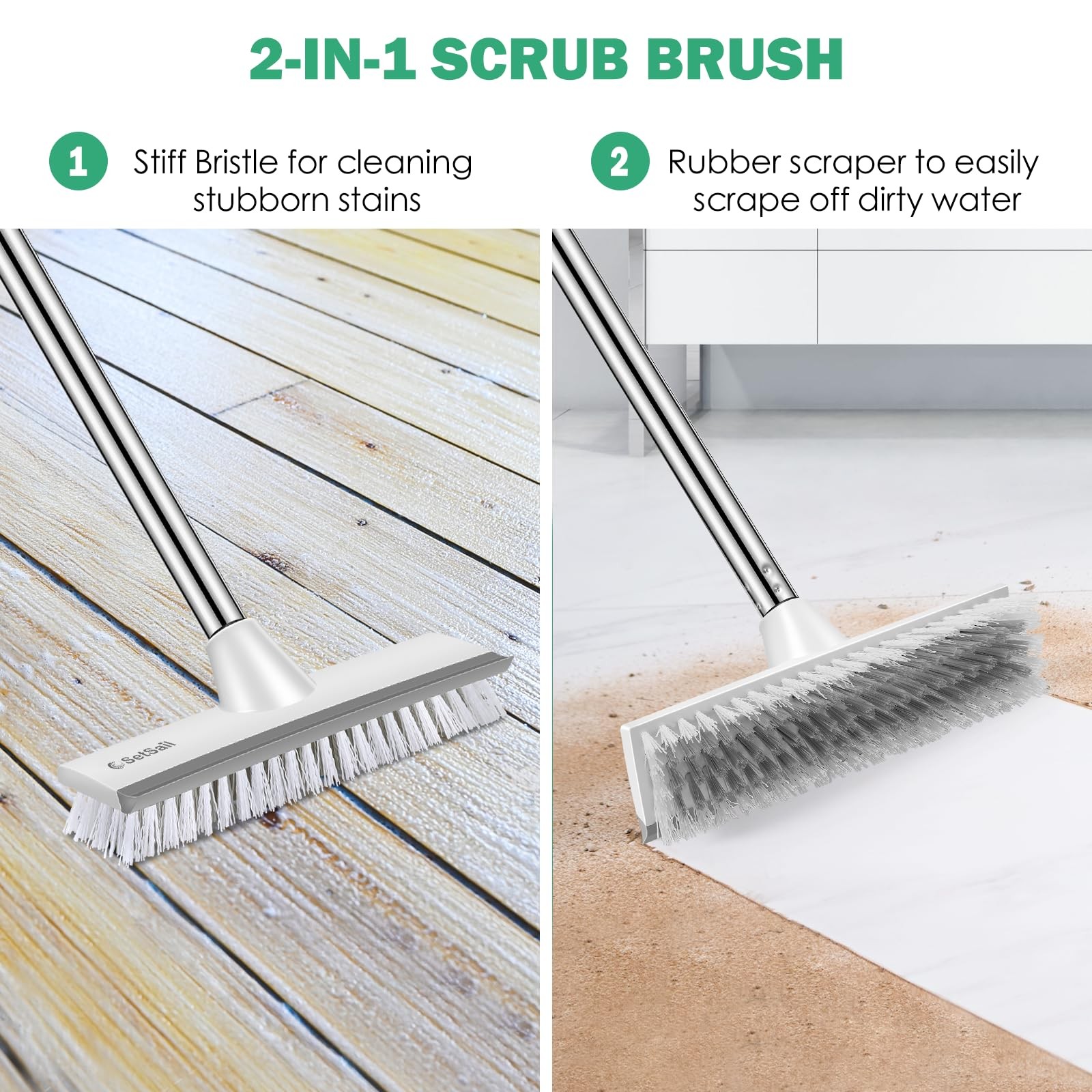 SetSail Floor Scrub Brush with 51-Inch Long Adjustable 10in, Grey White
