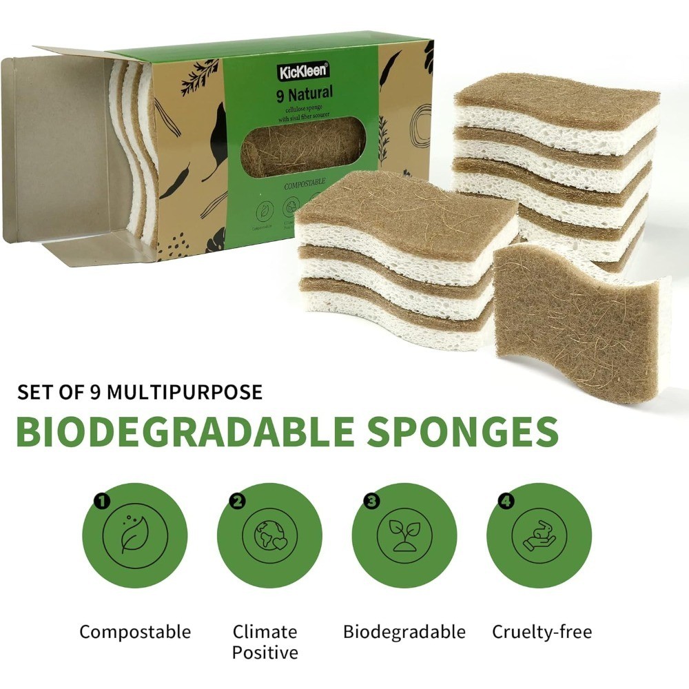 Eco Friendly Compostable Kitchen Sponge 9 Pack Biodegradable Cellulose Coconut