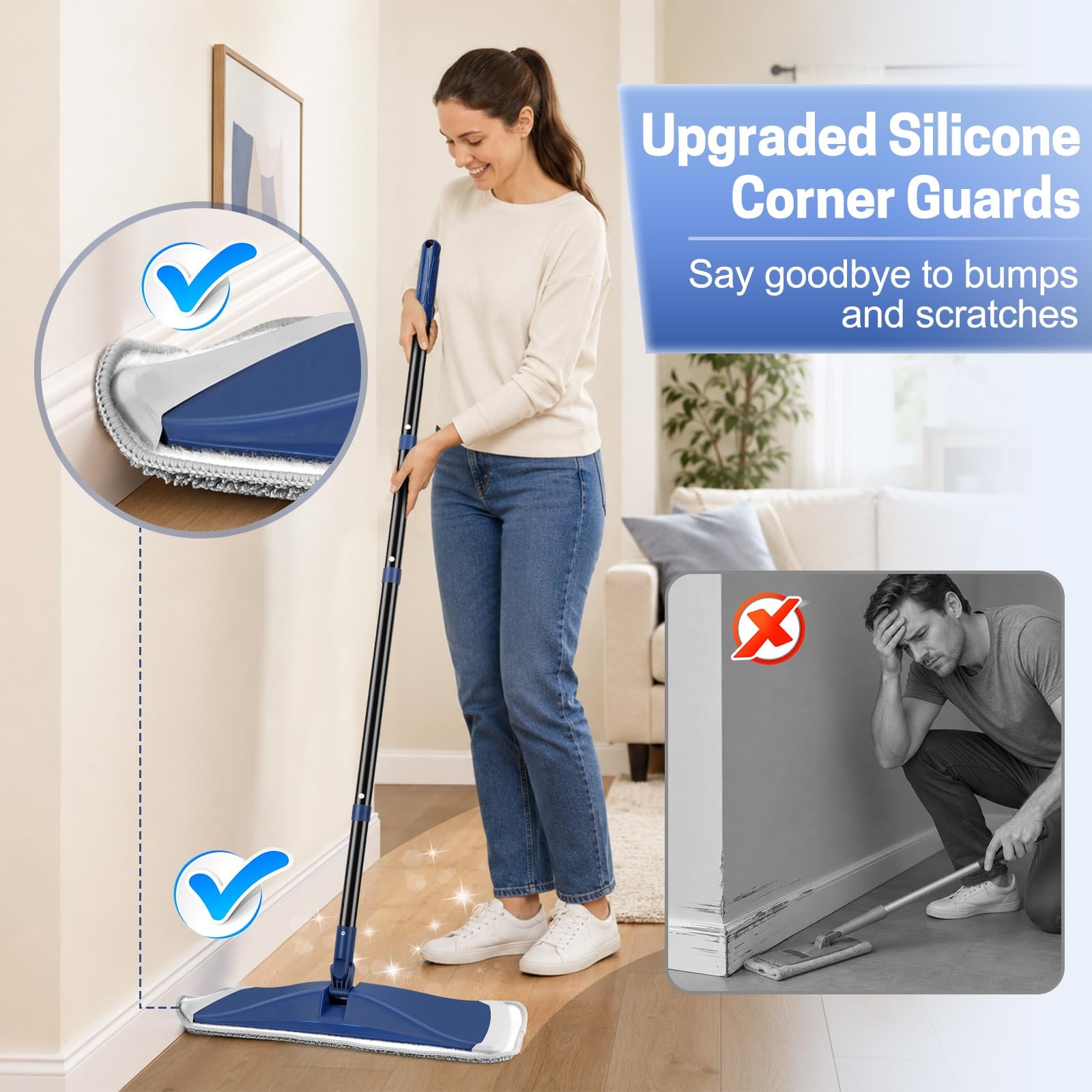 BUVE Microfiber Flat Mop for Hardwood Floors Cleaning 17IN, Blue