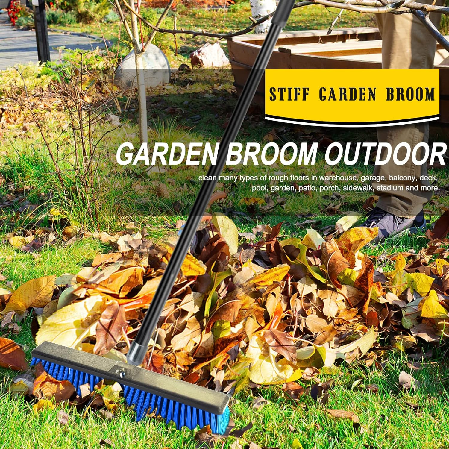 18 Inches Outdoor Push Broom Heavy Duty Shop Broom with 63″ Long Handle for Deck