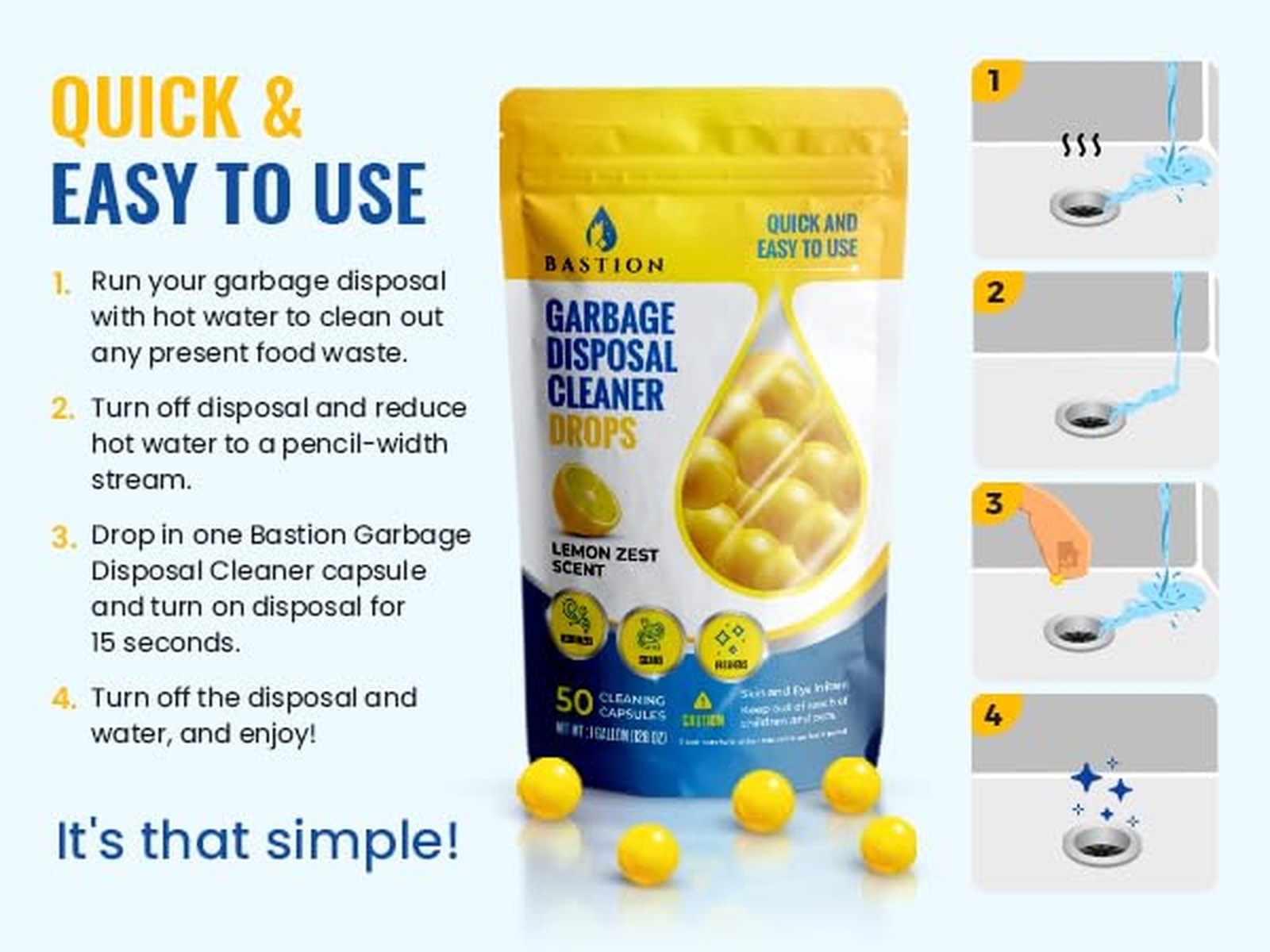 Bastion Garbage Disposal Cleaner and Deodorizer Drops- [[50-Count]] Lemon Zes…