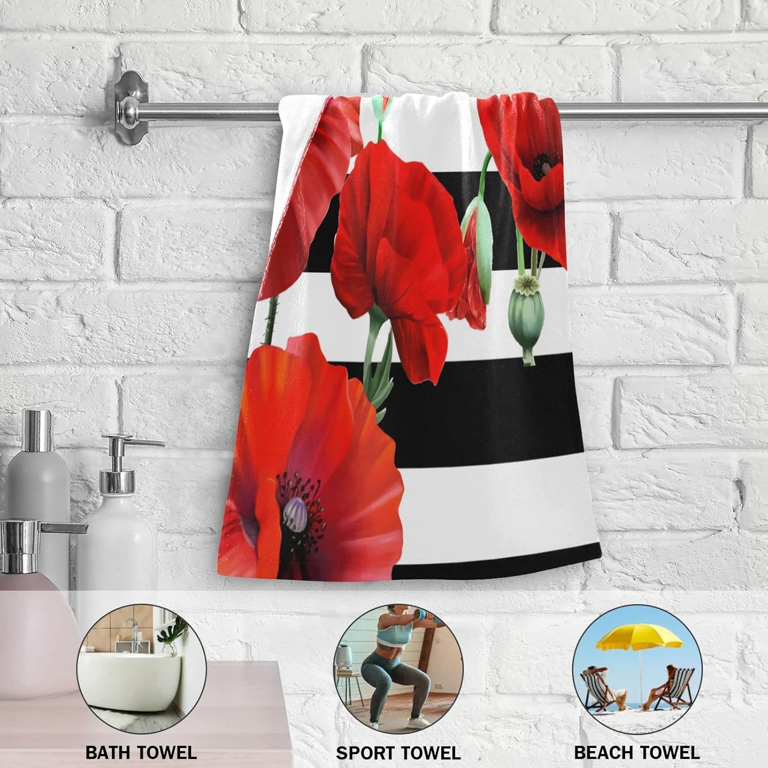 Red Poppy Hand Towels for Bathroom Set of 2 Black and White Striped Nature