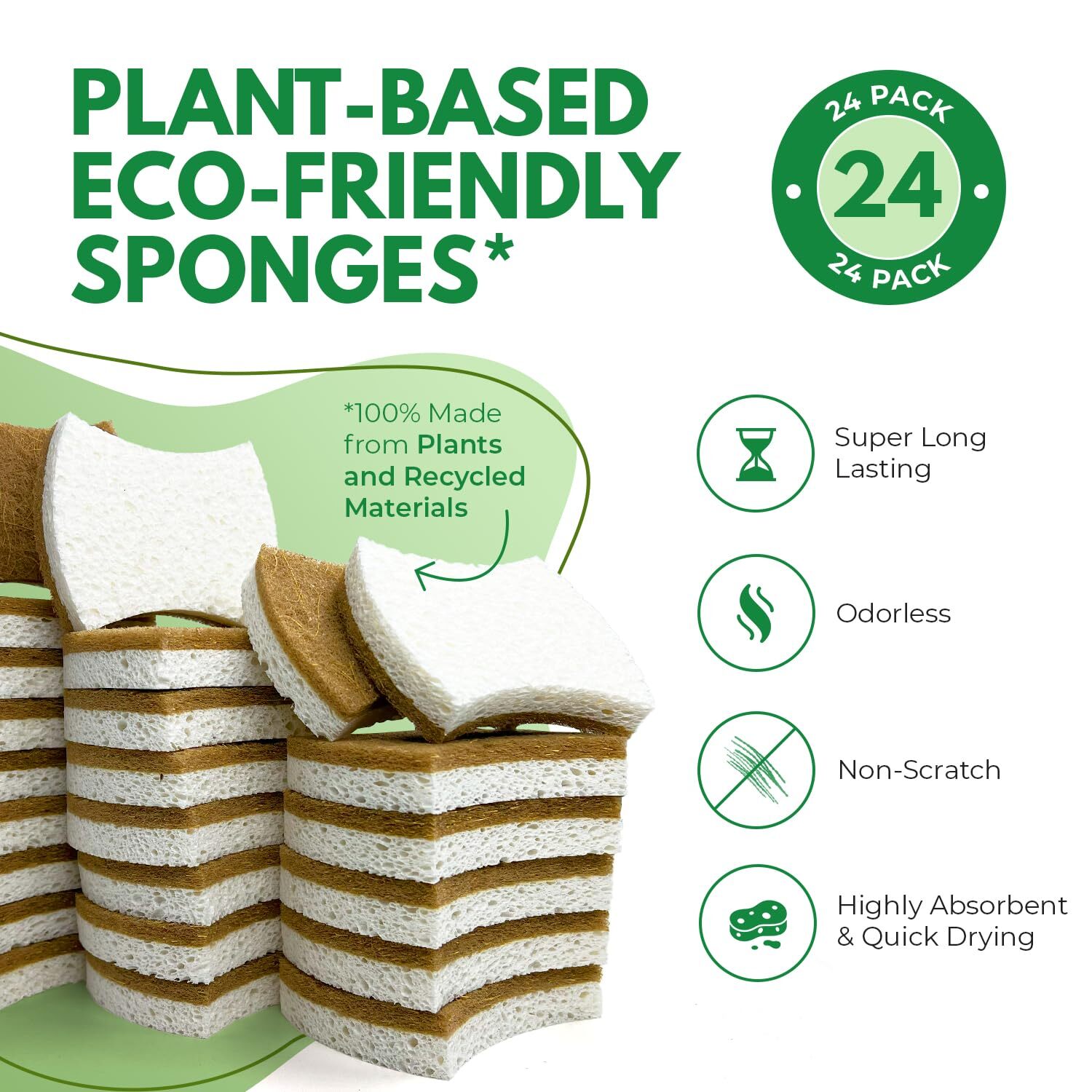 Biodegradable Natural Kitchen Sponges Pack Of 24 Cellulose And Coconut Kitchen S