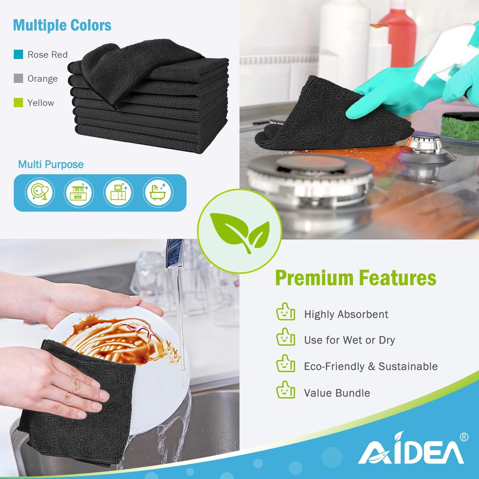 AIDEA Black Microfiber Cleaning Cloths-8PK, Soft Absorbent Microfiber Towels…