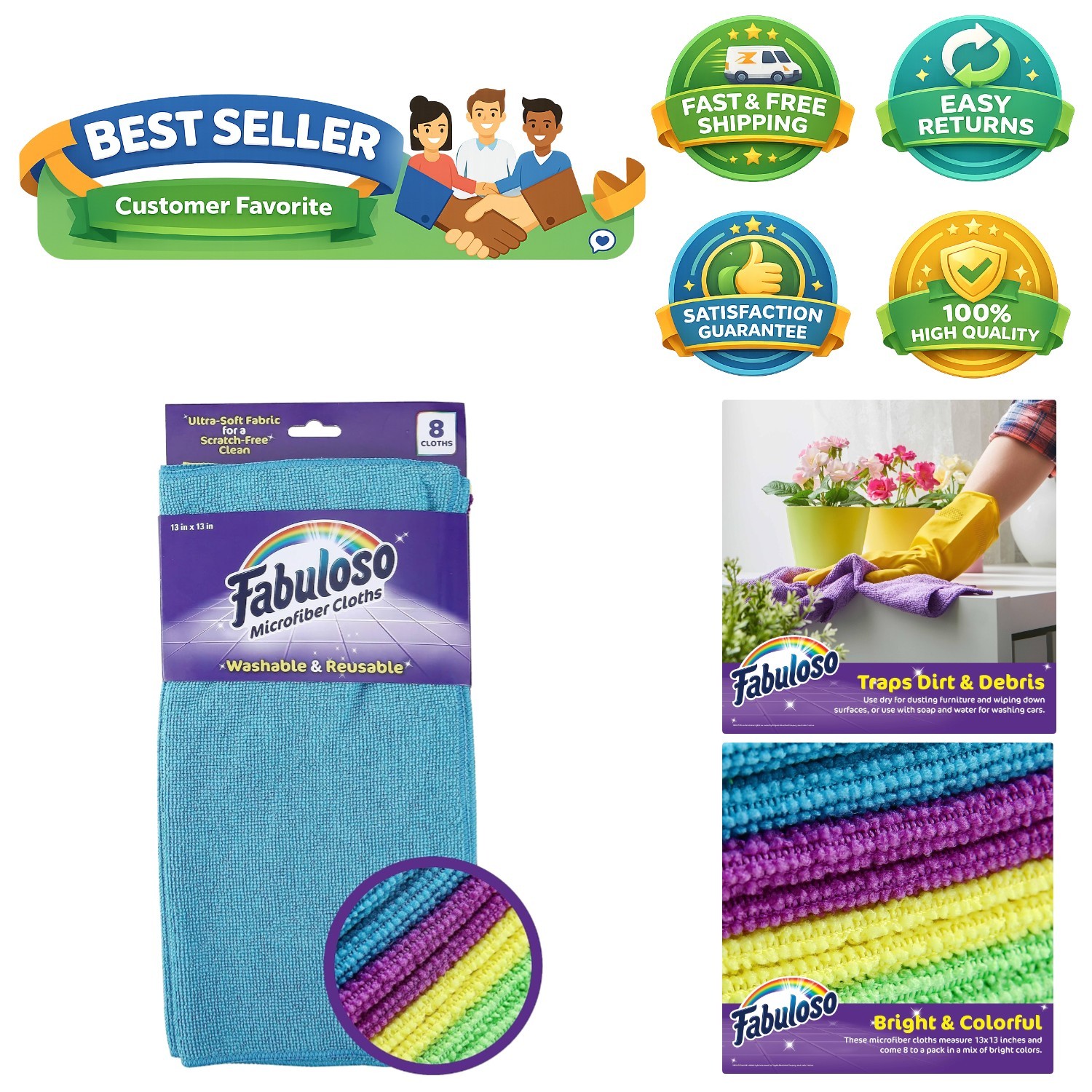 Rainbow Microfiber Cleaning Cloths – 13×13 in, Scratch-Free & Absorbent, 8 Count