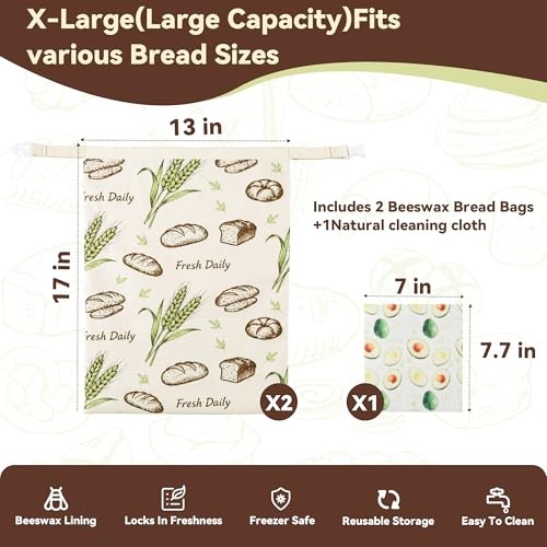 2 Pack Beeswax Bread Bags for Homemade Bread,17×13 In Sourdough Storage