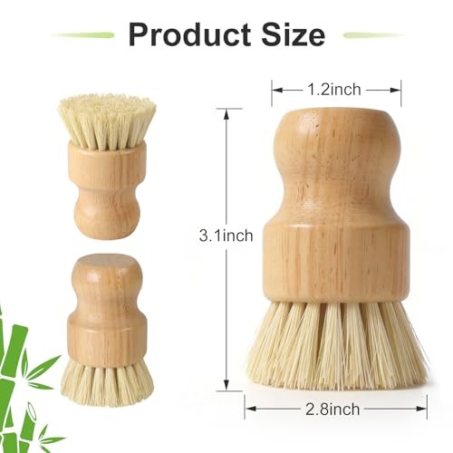 Bamboo Dish Brush Set – Natural Kitchen Scrub Brush with Sisal Bristles – 4 Pack