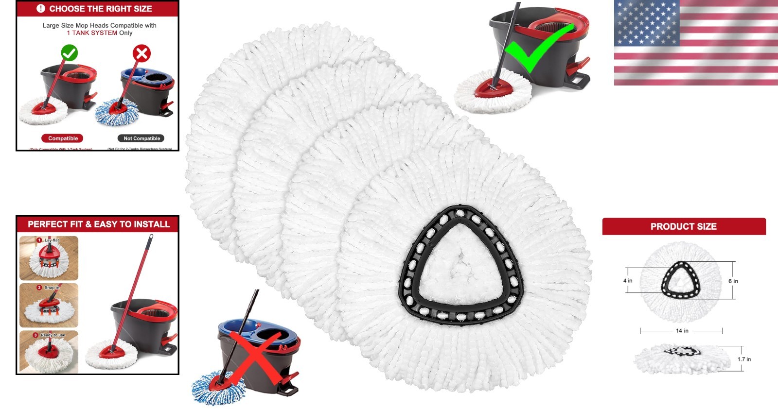 Microfiber Mop Heads Replacement Pack 4 for Spin Mop Easy Cleaning Floor
