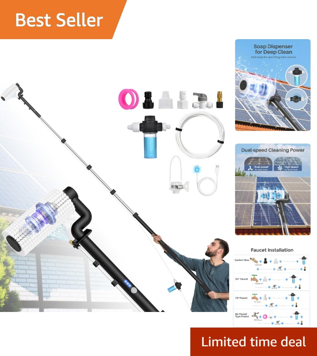 Electric Solar Panel Cleaning Brush and Pole Kit, 20Ft Extendable Washing Kit…