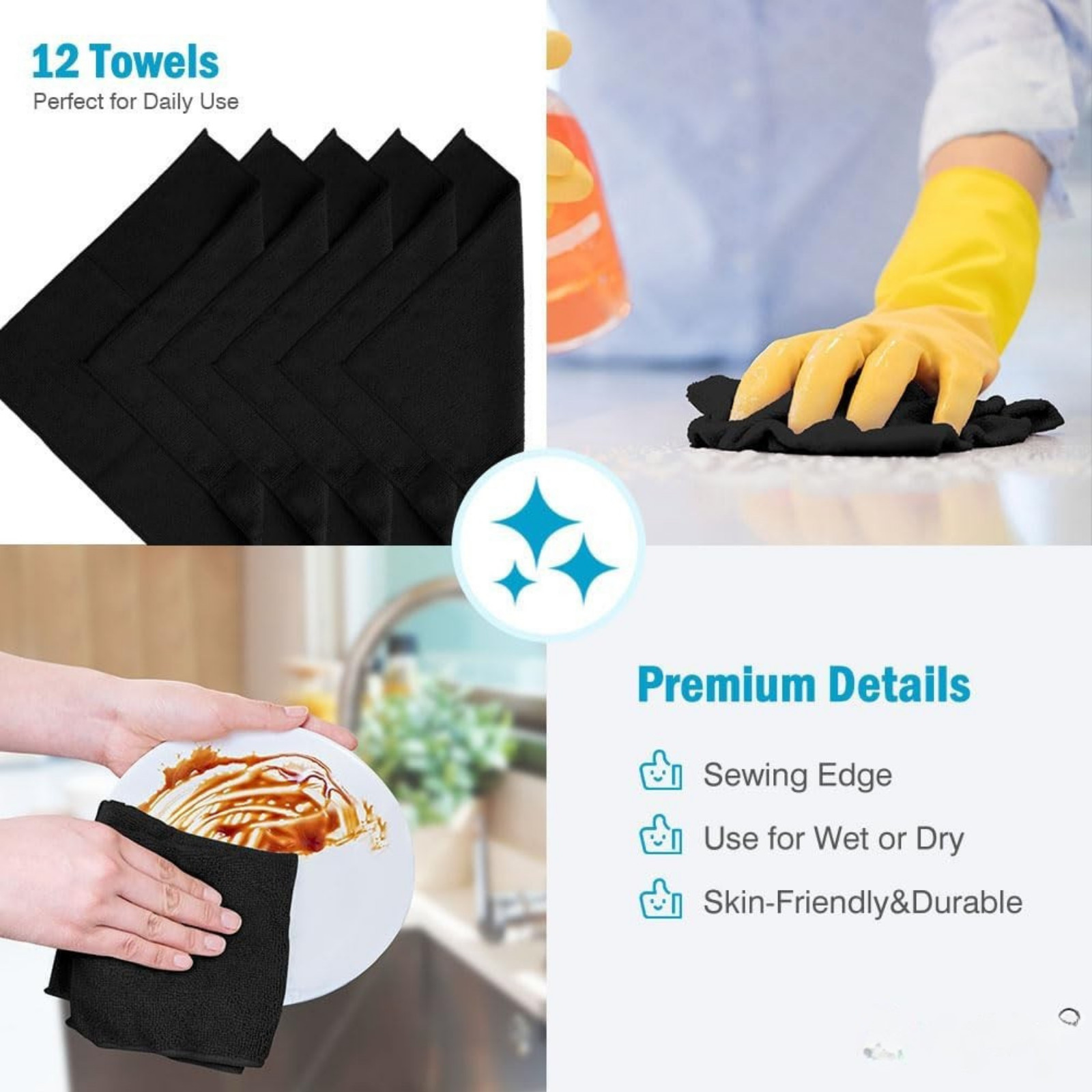 12Pcs Microfiber Cleaning Cloth Towels, Car Polishing Detailing No Scratch Black