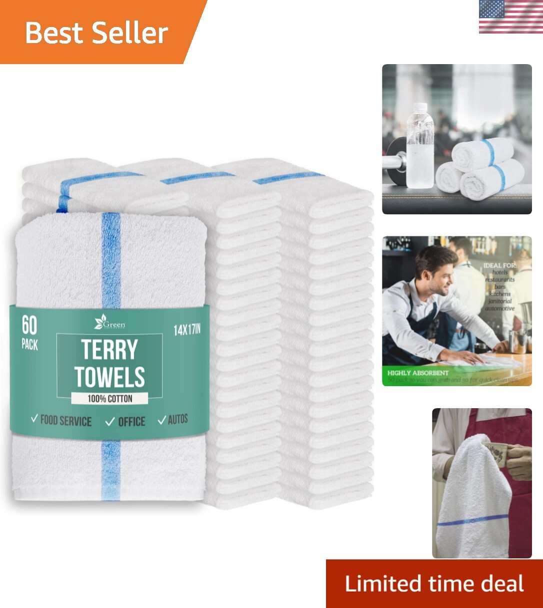Blue Striped Cotton Cleaning Rags – Super Absorbent 14”x17” Towels, Pack of 60