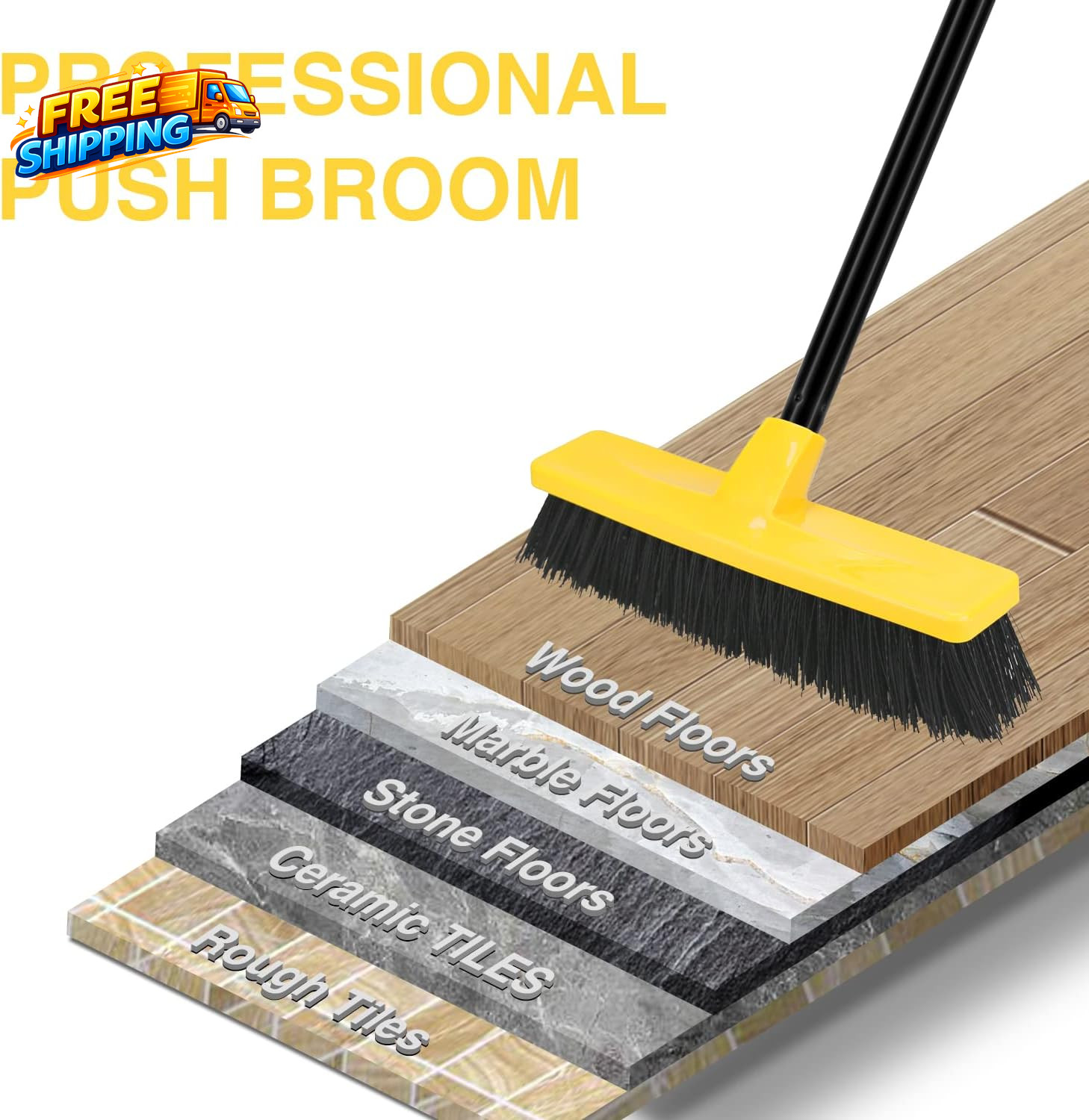 Push Broom Outdoor Indoor Broom 12 Wide 50 Long Handle with Stiff Bristles