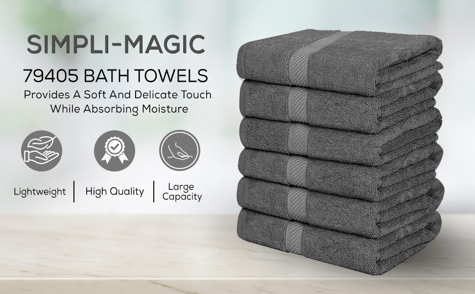 Simpli-Magic Cotton Bath Towels, 25”x50”, Gray, 6 Pack
